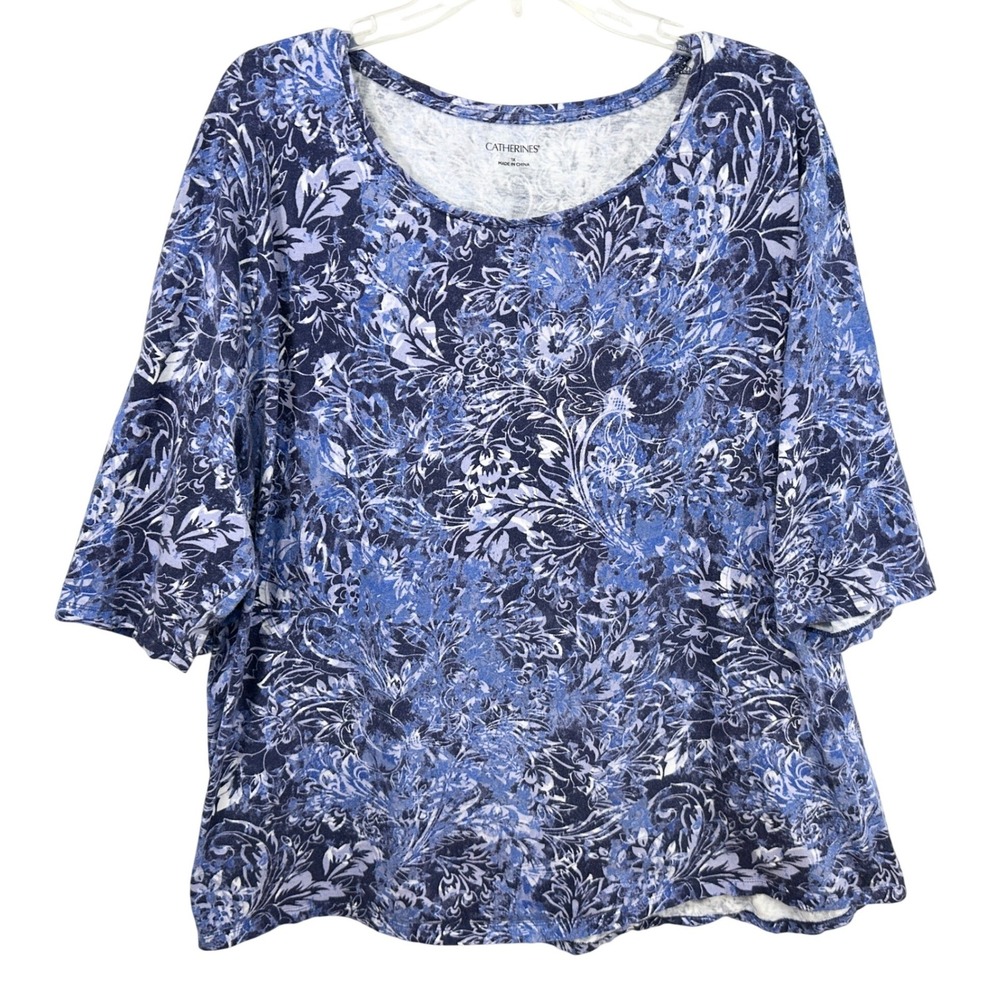 Catherines Plus Size 1X Top Blue White Paisley Cotton Casual Office Knit 1682